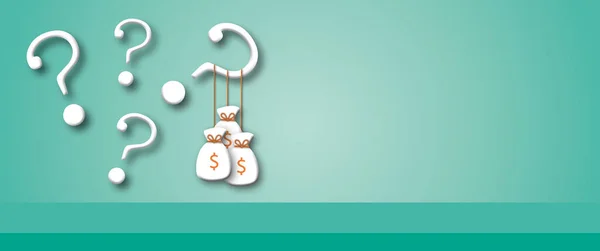Viele Fragezeichen Mit Geldsäcken Und Licht Auf Pastellgrünem Hintergrund Konzept — Stockfoto