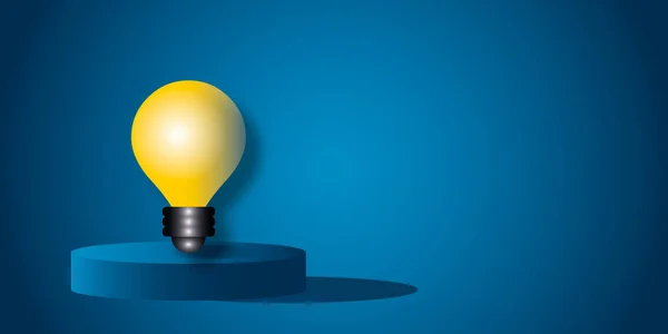 黄色灯泡 蓝底有讲台 理念激励着商业金融的概念或成功的目标 伟大的理念 人类的创造力 案文的篇幅 图3D剪纸 — 图库照片