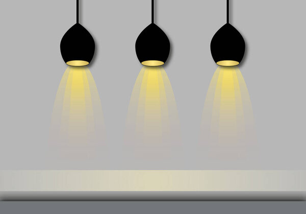 Световая лампа со столом на сером фоне, Концепция освещения, место для текста, стиль покроя бумаги.