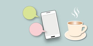 Renkli konuşma baloncukları ve pastel arka planda sıcak kahve ile akıllı telefon, model cep telefonu ve teknoloji konsepti. Metin için yer aç. illüstrasyon kağıdı tasarım biçimi.