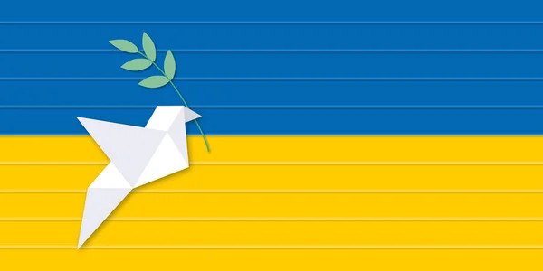 纸白鸽或鸽子携带橄榄枝悬挂在乌克兰国旗的抽象背景上 和平概念与停止战争 文字空间 剪纸设计风格 — 图库照片