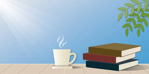 Sıcak Kahve Fincanı Olan Kitaplar Ahşap Arka Planda Yaprak Sabah — Stok fotoğraf