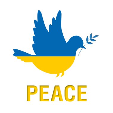 Ukrayna bayrağında barış işareti olan güvercin ya da barış güvercini. Ukrayna 'daki savaşı durdurma posteri. Metin için yer aç. Kağıt kesimi tasarım biçimi.