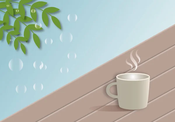 有一杯咖啡和绿叶背景 室内设计为自然背景 生活方式和安息日的概念 案文的篇幅 剪纸设计风格 — 图库照片
