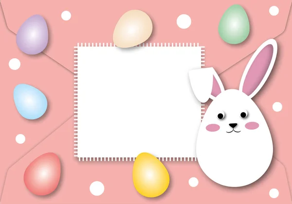 Wit Konijn Met Blanco Vierkant Papier Kleurrijke Eieren Roze Envelop — Stockfoto