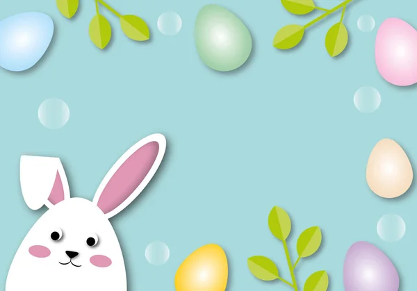 Wit Konijn Met Kleurrijke Eieren Zeepbel Blad Pastelblauwe Achtergrond Vakantie — Stockfoto