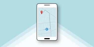 Pastel arka planda mobil harita uygulaması. Akıllı telefon, cep telefonu ve teknolojinin harita GPS navigasyon uygulaması için kavram. Yer belirleyici. kopyalama alanı. illüstrasyon kağıdı tasarım biçimi.