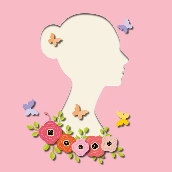 ピンクの背景に花や蝶と空白の紙のカット女性 女性の日や母の日 グリーティングカード はがき ポスターのコンセプト テキストのためのスペース イラストペーパーカットデザインスタイル — ストック写真