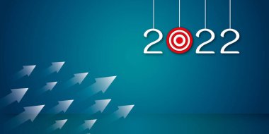 Beyaz ok grubu 2022 yılında iş ve mali büyüme, başarı, takım çalışması veya takım çalışması ve lider kavramının metaforu olarak hedefe yükseliyor. Metin için yer aç. illüstrasyon kağıdı kesim biçimi.