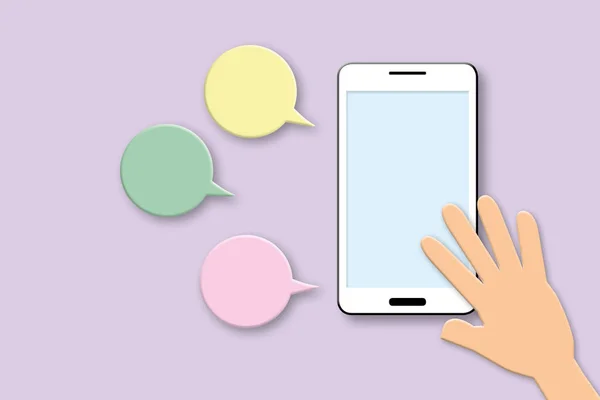 Hand with smartphone and colourful speech bubble on pastel purple background. Mockup mobile phone and technology concept. space for the text. illustration of 3d paper cut design style.