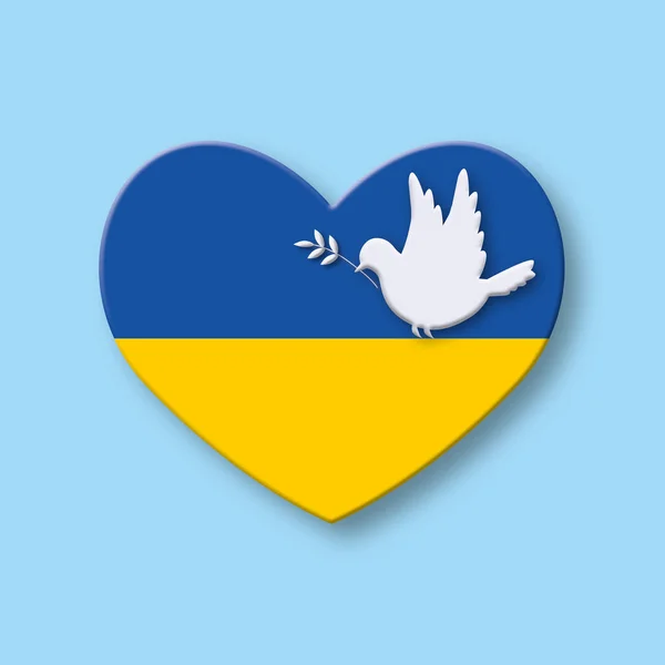 Paper dove or pigeon of peace with Ukrainian flag heart shape on soft blue background, Concept for Peace and stop the war. copy space for the text. illustration of 3d paper cut design style.