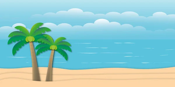 绿松石蓝色的大海 天空和云彩 自然背景或暑假的概念 复制文本的空间 图解剪纸设计风格 — 图库照片