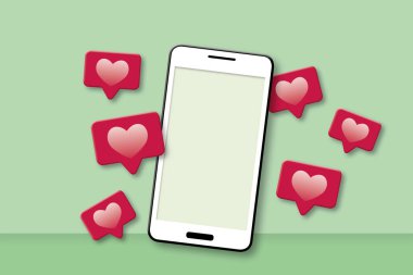 Boş ekranlı modern akıllı telefon ve sosyal medya yeşil arkaplandaki simgeler gibi. Teknoloji mobil konsepti, metin için kopyalama alanı. gölge örtüsü. 3B kağıt kesim tasarım biçimi.