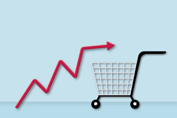 Kırmızı Pastel Mavisi Arka Planda Alışveriş Arabasıyla Yükseliyor Yaşam Maliyetinin — Stok fotoğraf