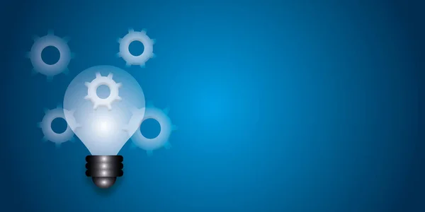 Glowing light bulb with gears on abstract dark blue background. Innovation, creativity, business technology idea concept. shadow overlay. copy space for the text. illustration of 3D design style.