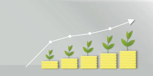 Стрелка Поднимающаяся Вверх Растениям Растущим Монетах Сером Фоне Концепция Инвестиций — стоковое фото