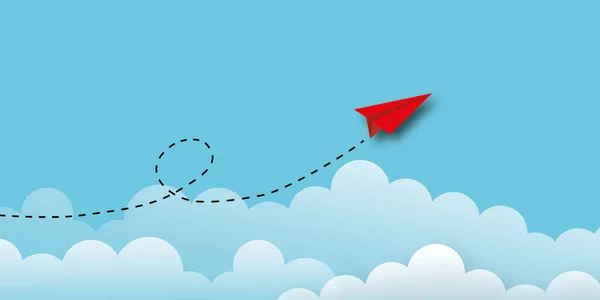 Red paper plane with clouds rising up on sky background as metaphor for business and financial growth, Success and financial developing, Business growth concept. copy space. paper cut design style.