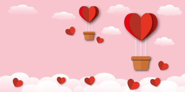 風船と雲がピンクの空の背景に赤い心 バレンタイン 結婚式 母と父の日 誕生日 ポスターやはがき 愛の概念のためのグリーティングカード コピースペース 紙アートデザイン — ストック写真