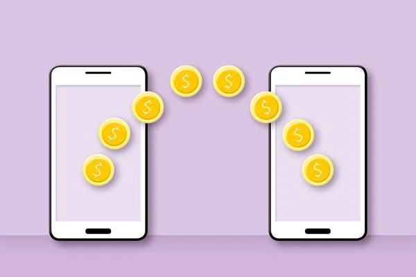 Coins moving between smartphone on purple background. Concept for money transfer and internet mobile banking or electronic transaction. copy space for text. illustration of 3d paper cut design style.