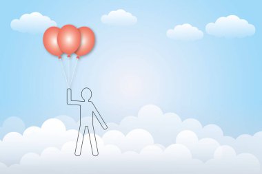 Mavi arka planda pembe balonlar tutan adam. Yaratıcılık, ilham, motivasyon, hayal gücü kavramı. gölge örtüsü. Metin için boşluk kopyala. 3d kağıt kesim tasarım biçimi.