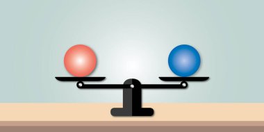 Kırmızı top mavi topu masa ve pastel arka planla dengeliyor. Denge ve uyum kavramı. Asgari grafik. gölge örtüsü. Metin için boşluk kopyala. illüstrasyon kağıdı tasarım biçimi.