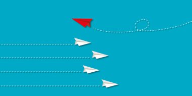 Kırmızı kağıt uçak, iş yaratıcılığı için yeni bir metafor olarak mavi arka plandaki gruptan yeni iş seçenekleri, bireysel ve eşsiz bir lider keşfetmeye doğru yönünü değiştirir. kopyalama alanı. kağıt sanatı.