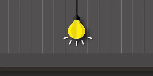 Yellow light bulb on dark wooden background. Ideas inspiration of business finance or goal to success, Good idea and Creativity of human. copy space for the text. illustration paper art design style.