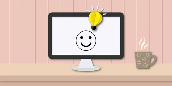 Light bulb with happy face, desktop computer, coffee and table on pastel wall background. Concept for thinking creative, Success inspiration, Business ideas and positive. illustration paper art style.