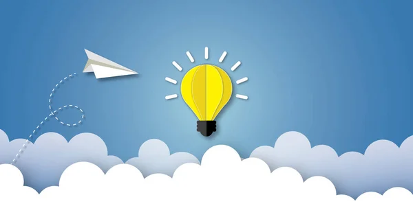 White Paper Plane Yellow Light Bulb Sky Blue Background Ideas — 图库照片