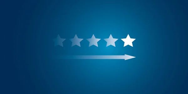 Five star rating review slider arrow on blue background. Concept of best ranking service quality satisfaction or 5 score customer feedback rate symbol and success evaluation user experience.