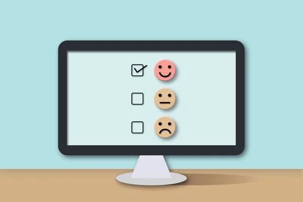 Computer with customer evaluation or positive feedback concept rating. Check mark to select smile face circle on pastel background. copy space for text. illustration of 3D paper cut design style.