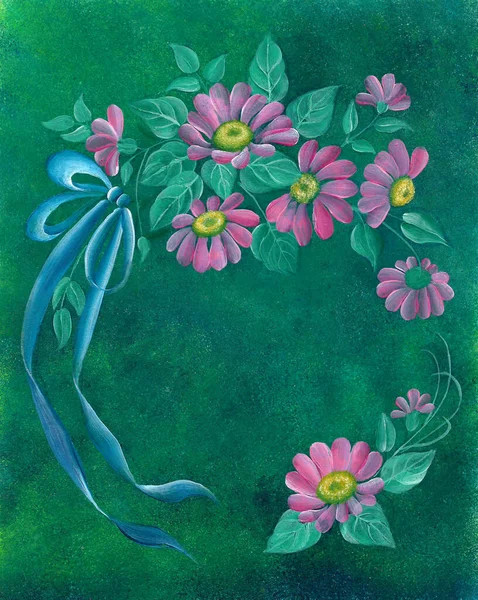 Acrylic painting of many pink flowers with dark green leaves and blue ribbon on green abstract background. illustration for spring flower seasonal nature backdrop. Hand painted floral texture style.