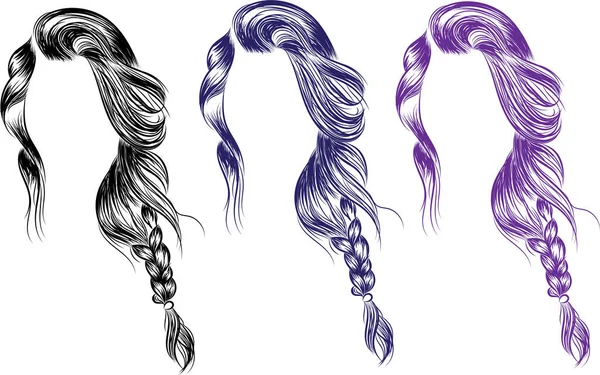 Tresse Lâche Cheveux Longs Avec Les Cheveux Noirs Illustration Mode — Image vectorielle