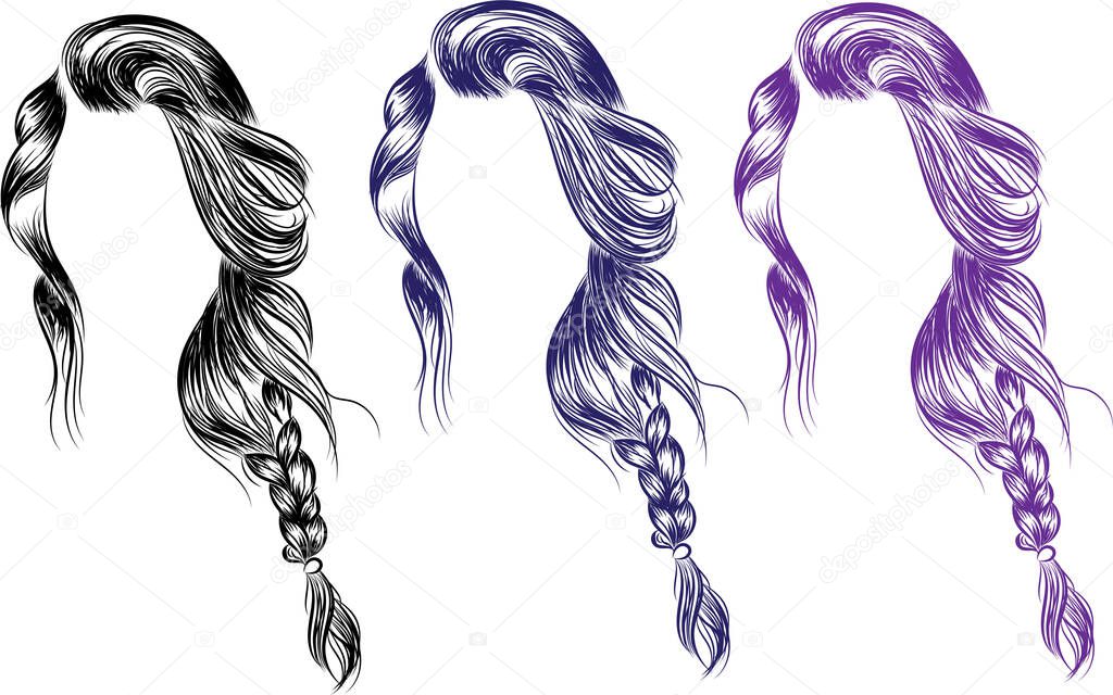 Loose braid long hair with black hair. Fashion illustration for salon, web, business card, templates. Sketch style realistic hair created with lines.