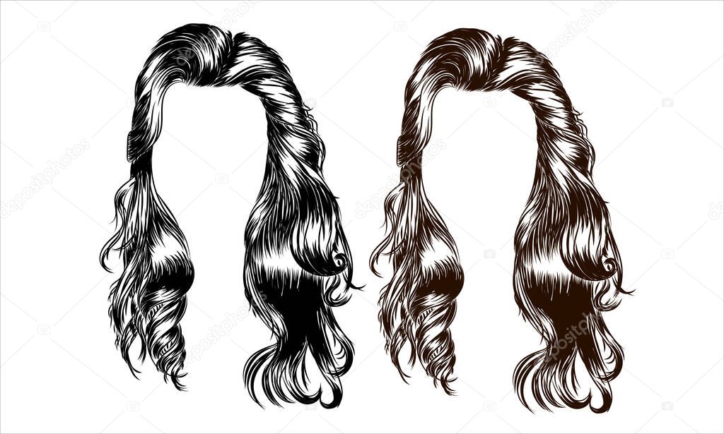 long hair with black hair. Fashion illustration for salon, web, business card, templates.Sketch style realistic hair created with lines.