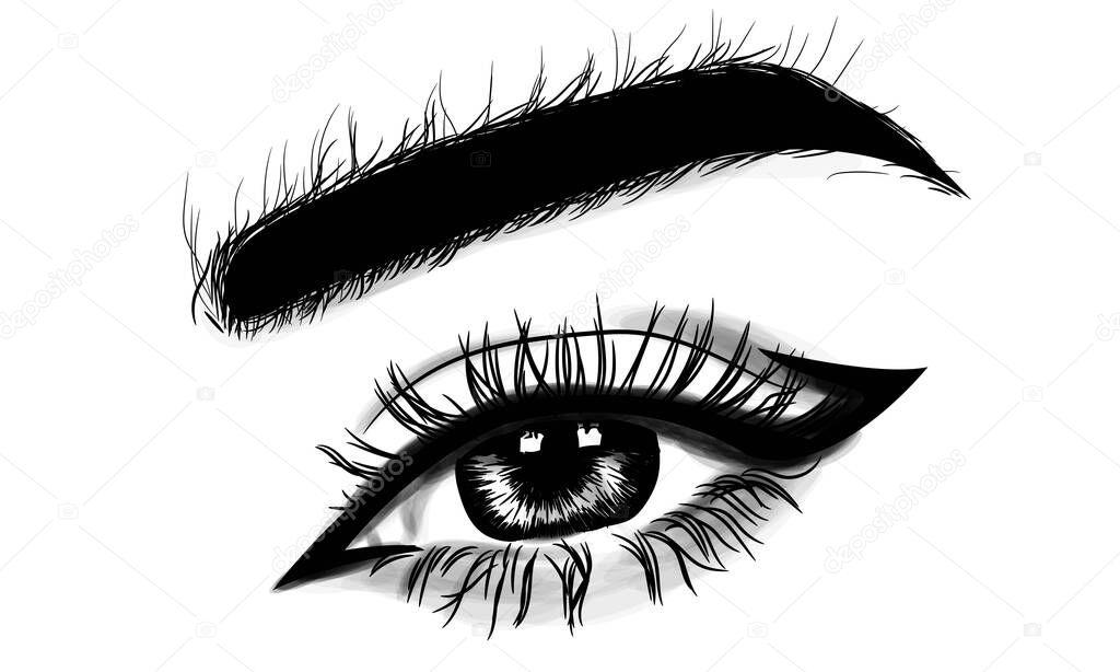 Hand drawn female sexy luxurious eye with perfectly shaped eyebrows and full eyelashes. The idea for business card, typography vector