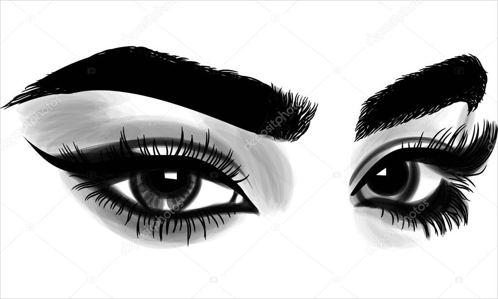 Hand-drawn fashion model makeup eye with wing eyeliner.