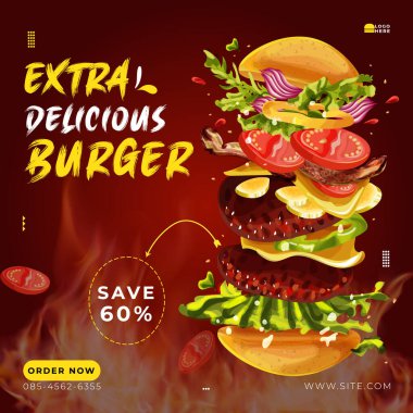 Özel lezzetli hamburger sosyal medya afişi ileti şablonu.
