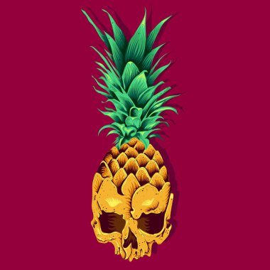 Sağlıklı yaşam için yaz meyveleri. Kafatası desenli ananas meyvesi. Vektör illüstrasyonu