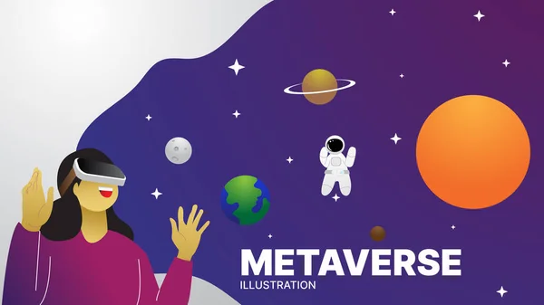 Metaverse Vektor Illustration Kvinna Använder Virtuell Verklighet Enhet Och Rymden — Stock vektor