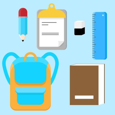 set of school supplies vector illustration on blue background with clipboard, pencil, bag, ruler, eraser and a book