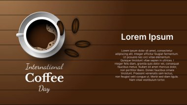 international coffee day banner design with wooden background. vector illustration