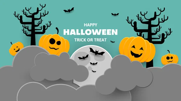 Happy Halloween Background Pumpkin Cloud Bath Moon Paper Style Vector — Stok Vektör