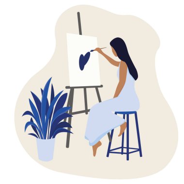 Vektör düz çizim. Kız sehpaya resim çizer.