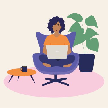 Vektör çizimi. Evde dizüstü bilgisayarı olan, uzaktan kumandalı bir kız.