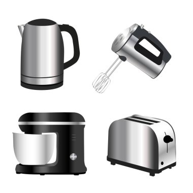  Vektör çizimi. Metalik renkte mutfak aletleri.