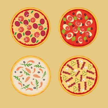Vektör çizimi. Farklı aromalı dört pizza..