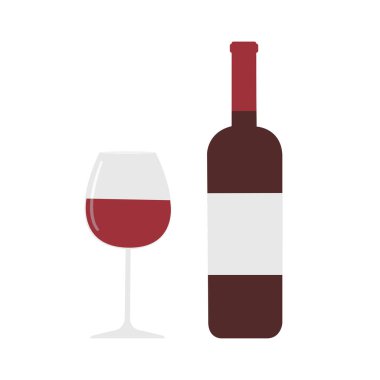  Vektör düz çizim. Bir kadeh şarap ve bir şişe kırmızı şarap