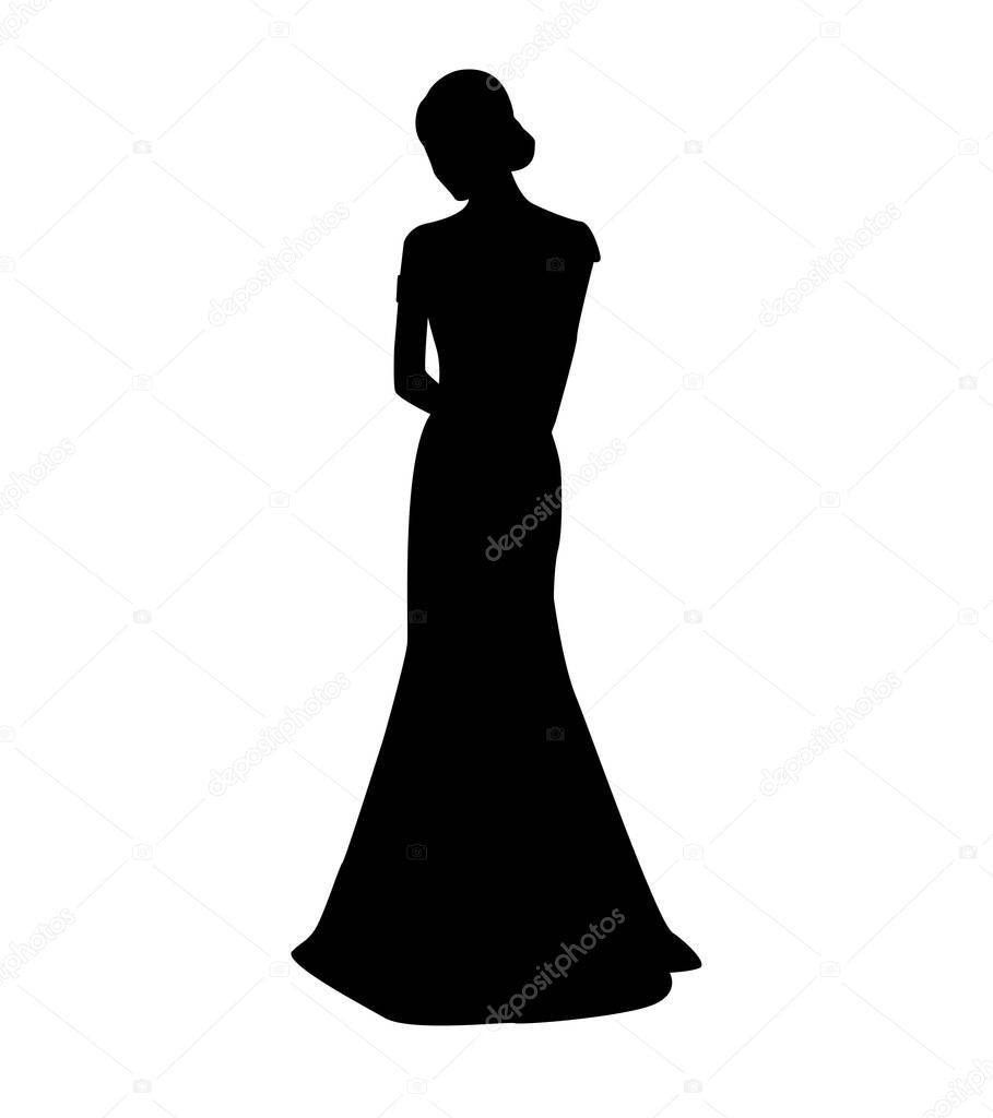  Vector flat illustration. Silhouette of a girl in a long dress