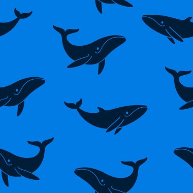 Mavi balinalı sade ve modaya uygun bir hayvan deseni. Çizgi film vektör illüstrasyonu.